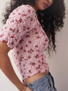 Free People Rosie Posie Pink Floral Ruched Crop Top